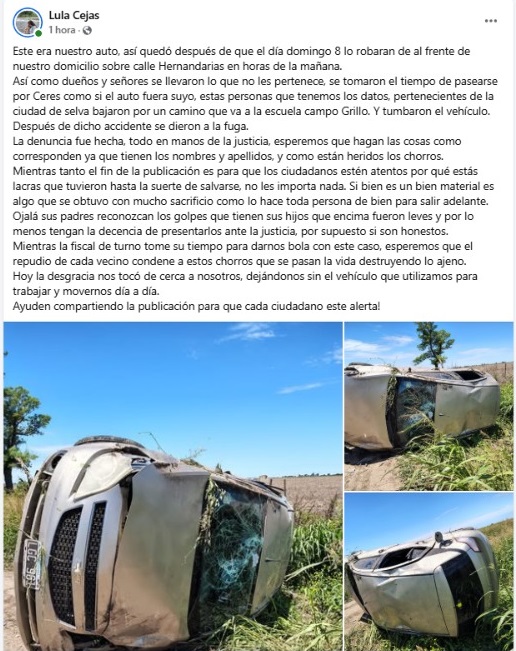 Ceres: Robaron un auto y lo tumbaron camino a Selva. La familia pide celeridad a la Policía 2 robo auto