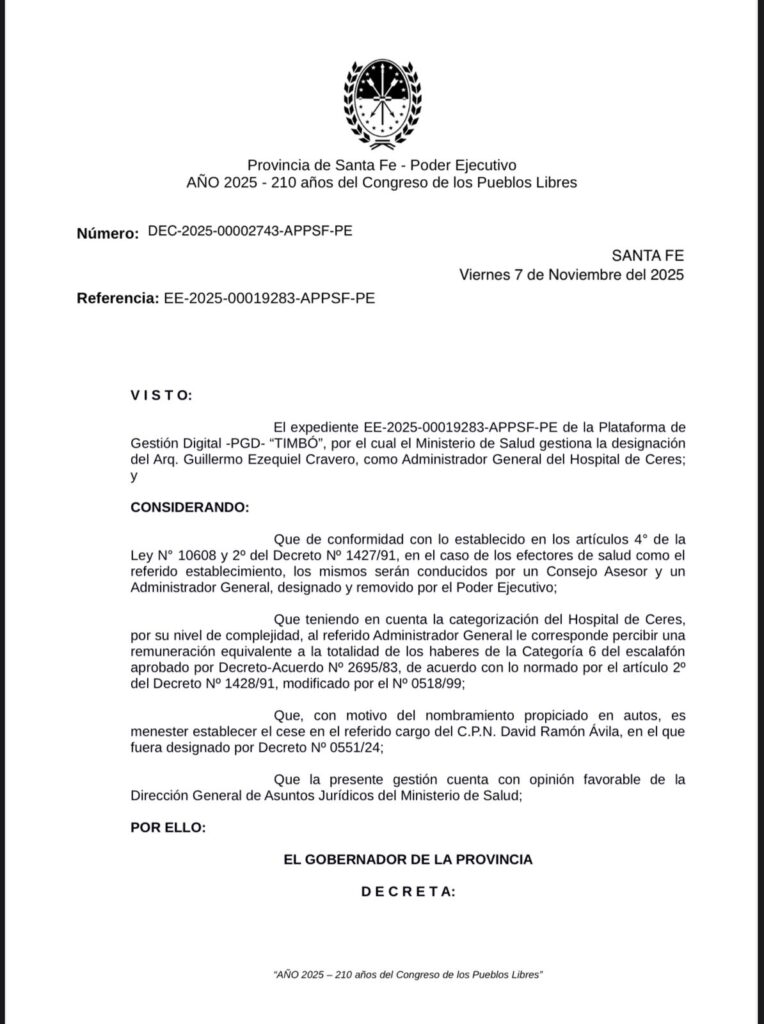 El Gobierno de Santa Fe designó a Guillermo Cravero como Administrador General del Hospital 2 decreto 1