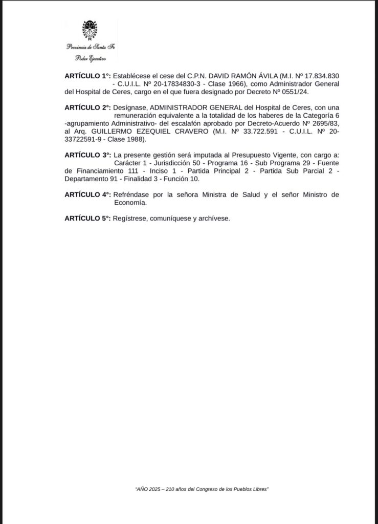 El Gobierno de Santa Fe designó a Guillermo Cravero como Administrador General del Hospital 3 decreto 2